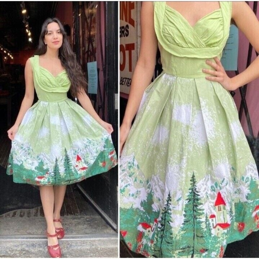 Unique Vintage 1950s Style Milk Maid Retro Swiss Alps Green White Cocktail Dress - Picture 3 of 12
